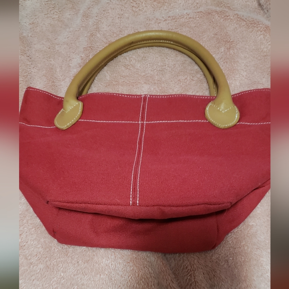 Llillian Vernon Red Canvas Tote Bag with Tan Handles